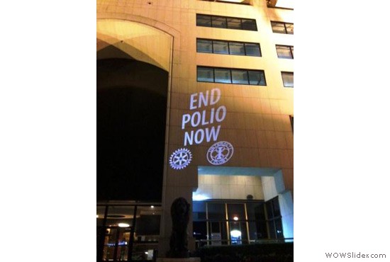 Interactors in Coral Gables, Florida, USA, organize a projection of the End Polio Now message on the 550 Biltmore building, which graces the western entrance to the central business district.